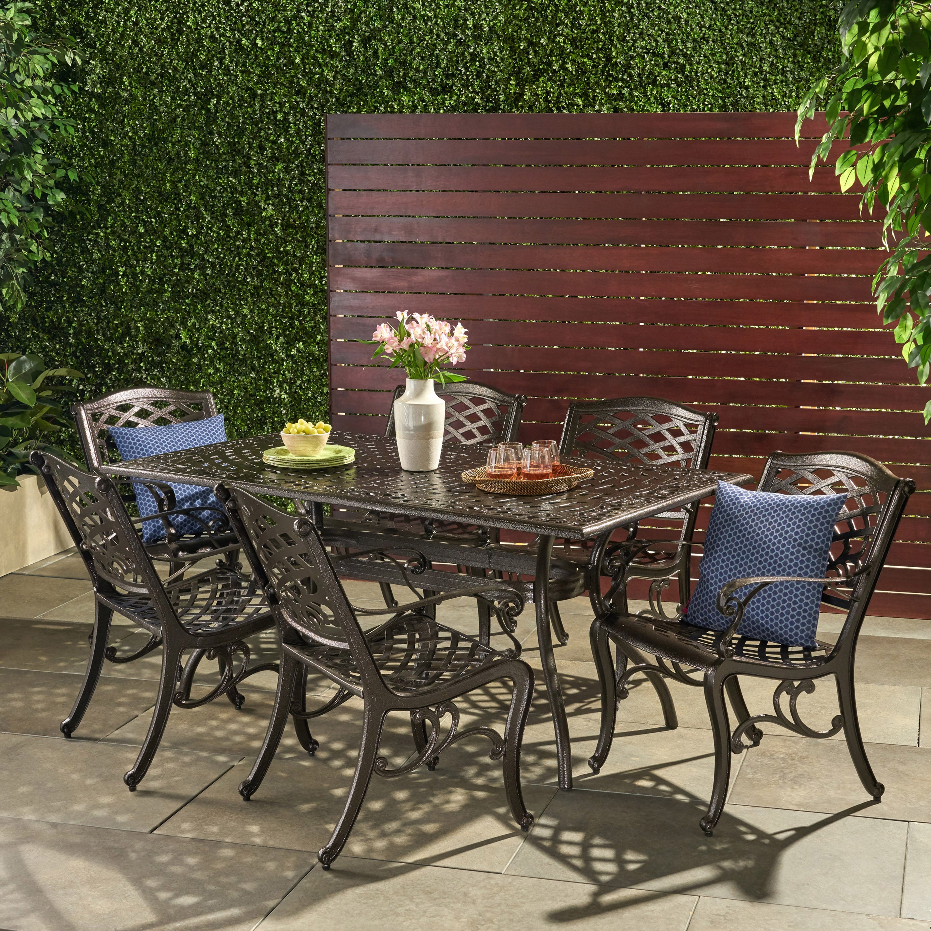 Odena Outdoor 7-piece Cast Aluminum Rectangle Bronze Dining Set