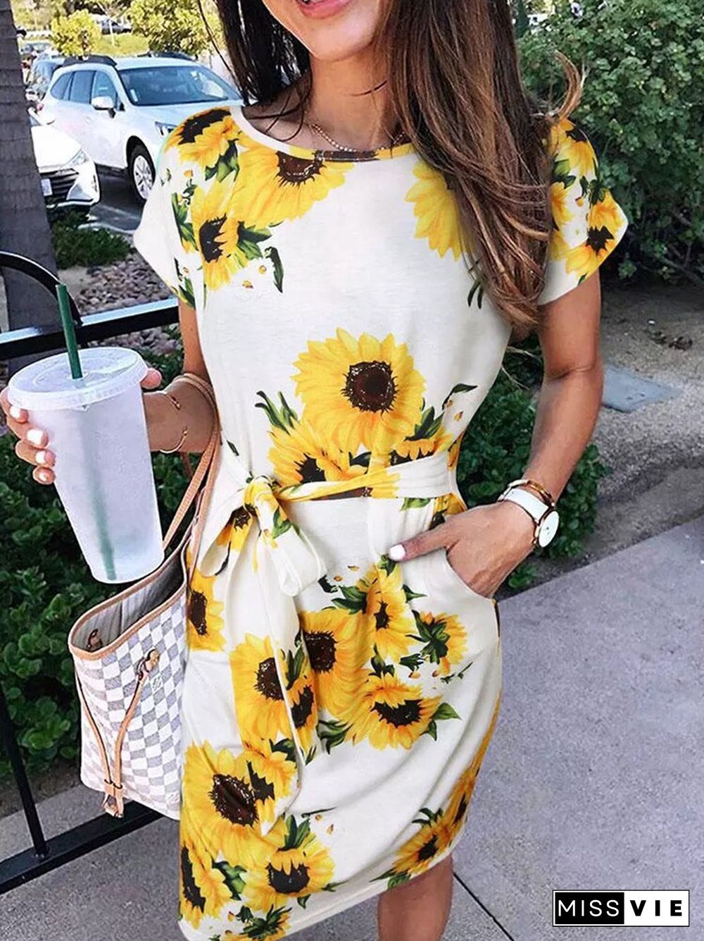 Summer Lady Fashion Floral Printed A Line Dress Casual O Neck Short Sleeve Mini Dress Women New Loose Waist Lace Up Dress