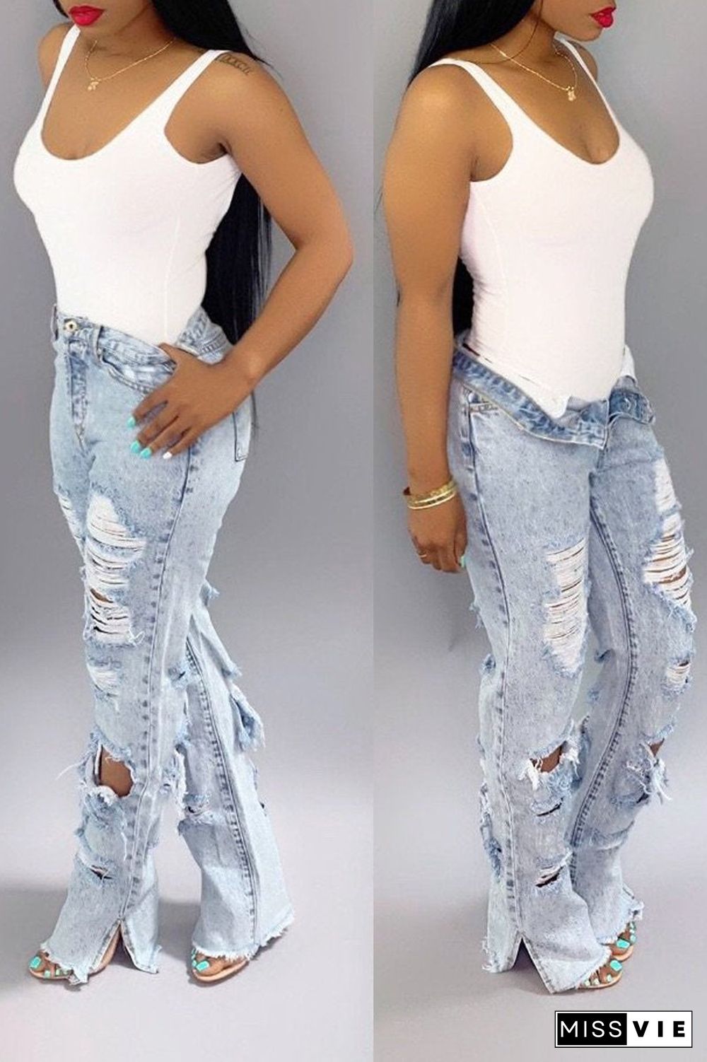 Hole Distressed Denim Slit Jeans