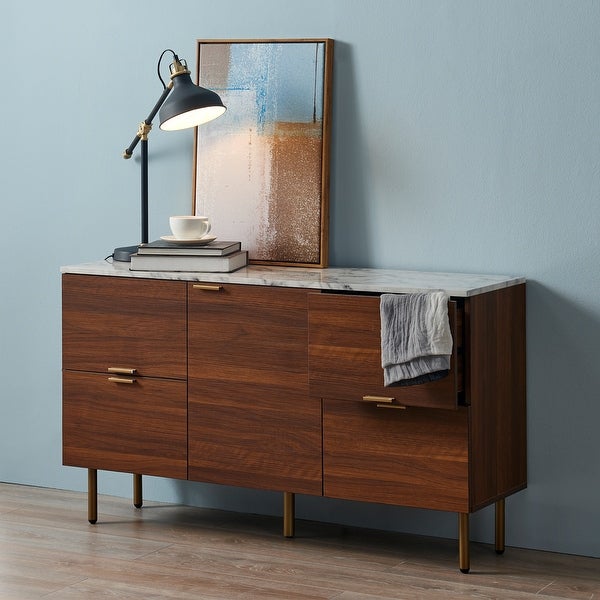 Wooden Sideboard Storage Cabinet with Faux Marble Top， White/Walnut