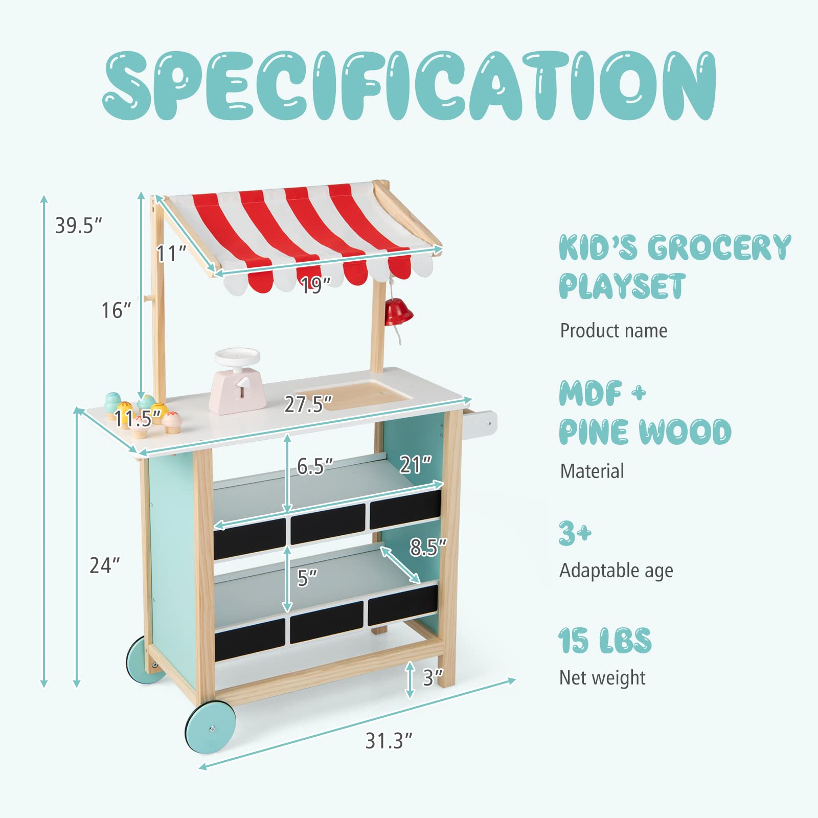 Costzon Kids Pretend Play Grocery Store, Wooden Ice Cream Cart Toy Set