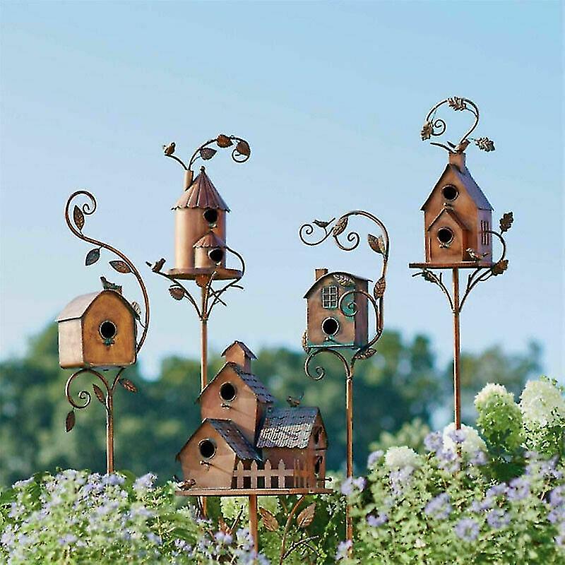 Metal Birdhouse Art Stake Outdoor Rustic Bird House Stand Garden Yard Decor