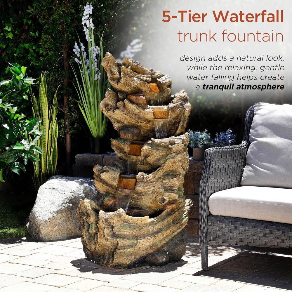 Alpine Corporation 47 in. Tall Outdoor 5-Tier Tree Trunk Waterfall Floor Fountain with LED Lights TZL132