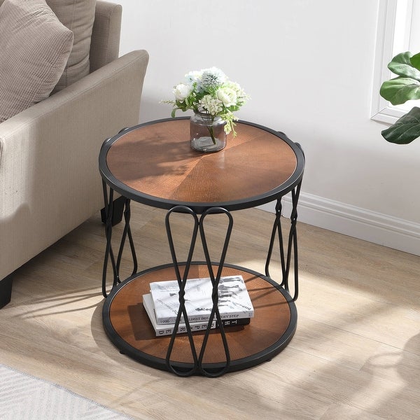 Round Wood Frame Side Table Coffee End Table Antique Black/Gold Living Room Bedroom