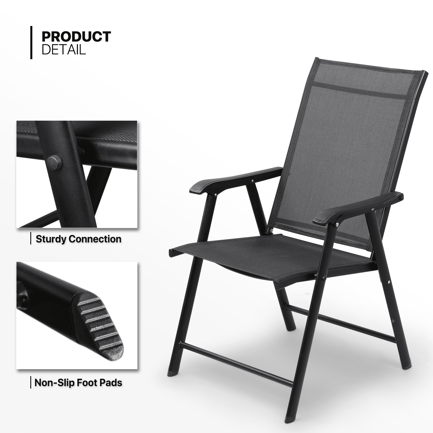 MoNiBloom 2 Pieces Foldable Metal Frame Patio Dining Chairs with High Backrest and Armrest, for Outdoor Garden, Black