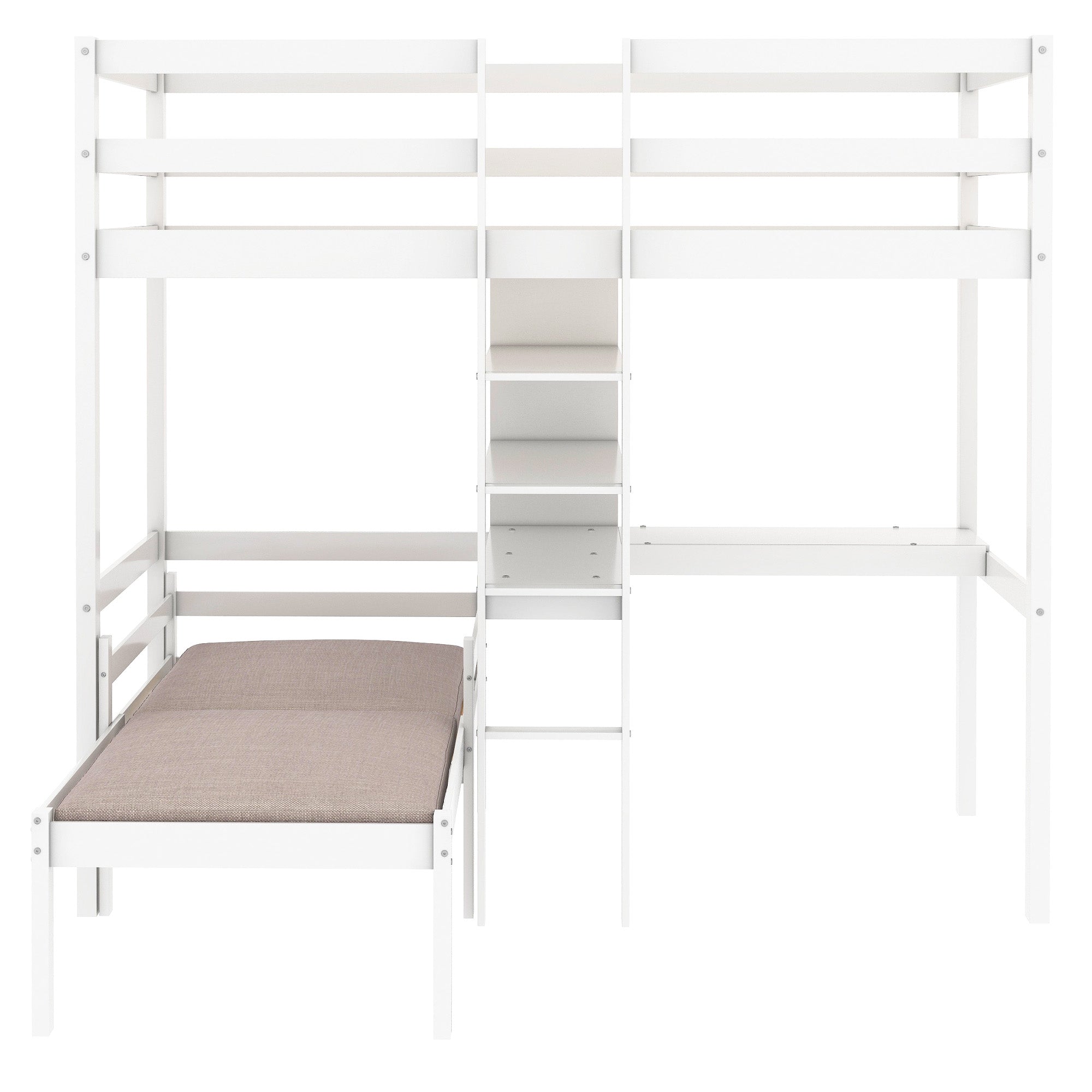 Euroco Twin Size Wood Bunk Bed with Shelves & Desk for Kids Bedroom, White