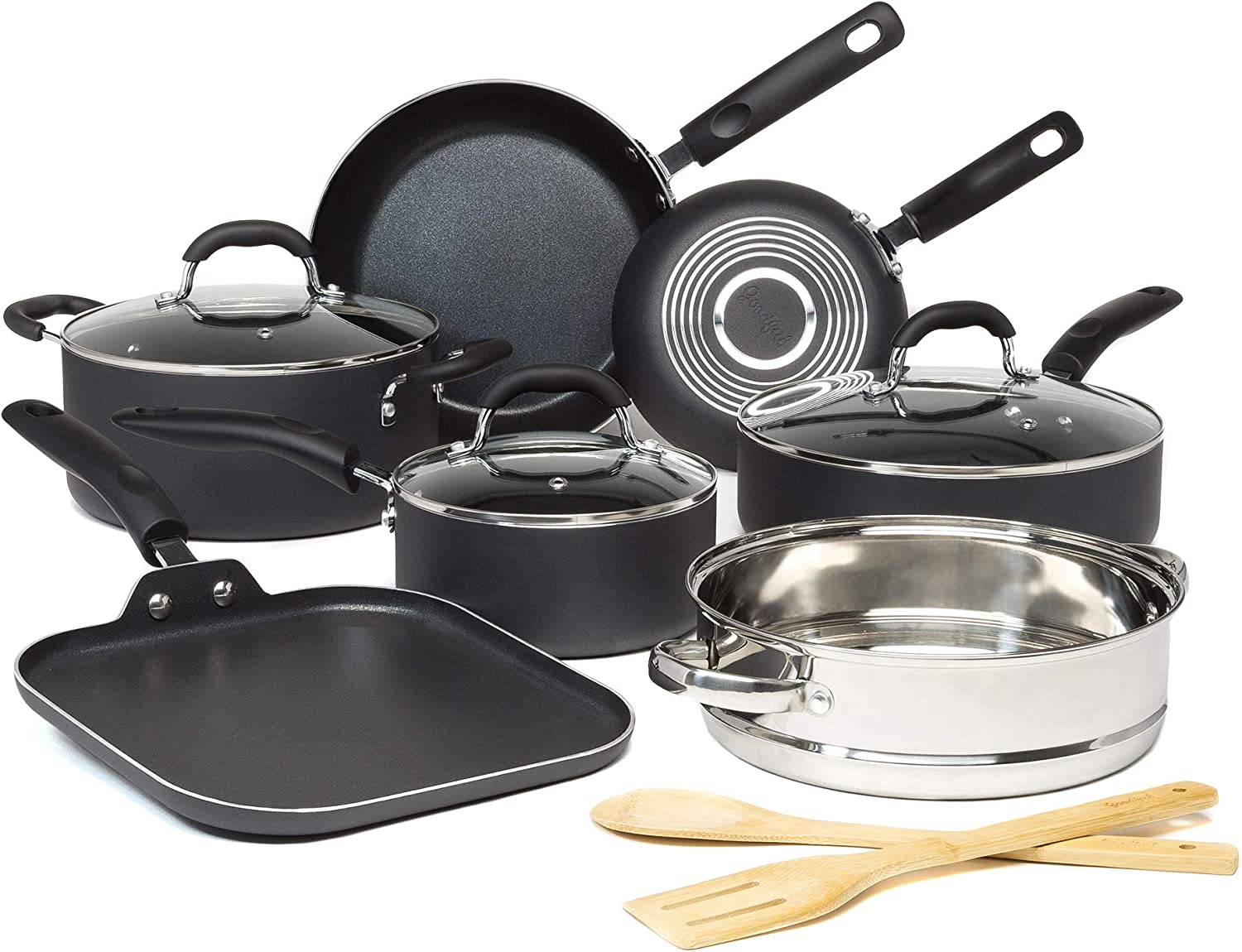 Goodful Cookware Set with Premium Non-Stick Coating， Dishwasher Safe Pots and Pans， Tempered Glass Steam Vented Lids， Stainless Steel Steamer， and Bamboo Cooking Utensils Set， 12-Piece， Charcoal Gray