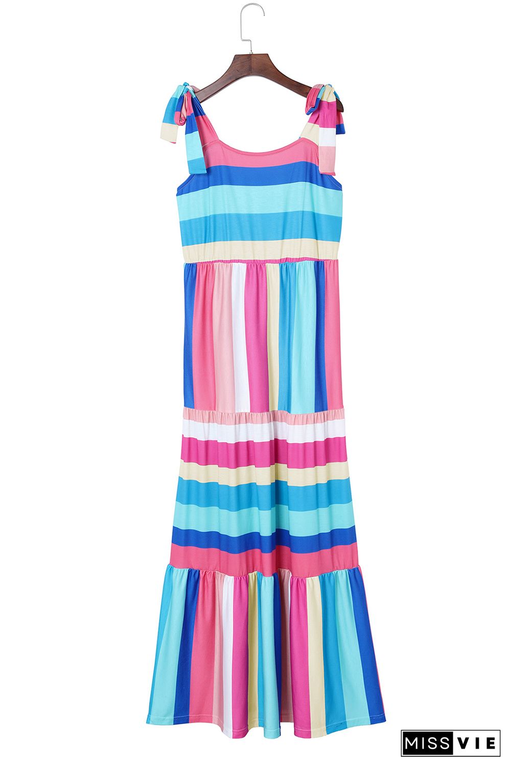 Multicolor Color Block Striped Bow Knot Straps Maxi Dress