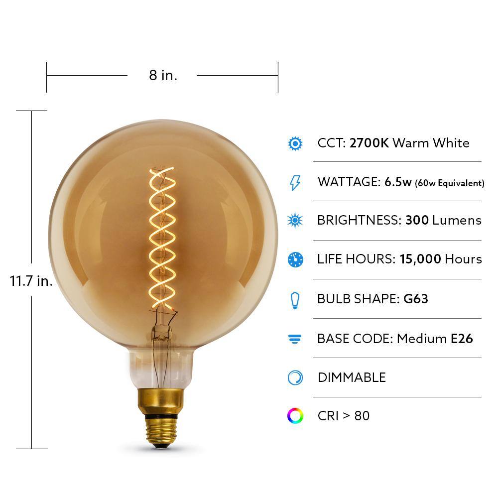 Feit Electric 60-Watt Equivalent G63 Dimmable E26 Spiral Filament Oversized Amber Glass LED Vintage Edison LED Light Bulb Warm White G63S820LED