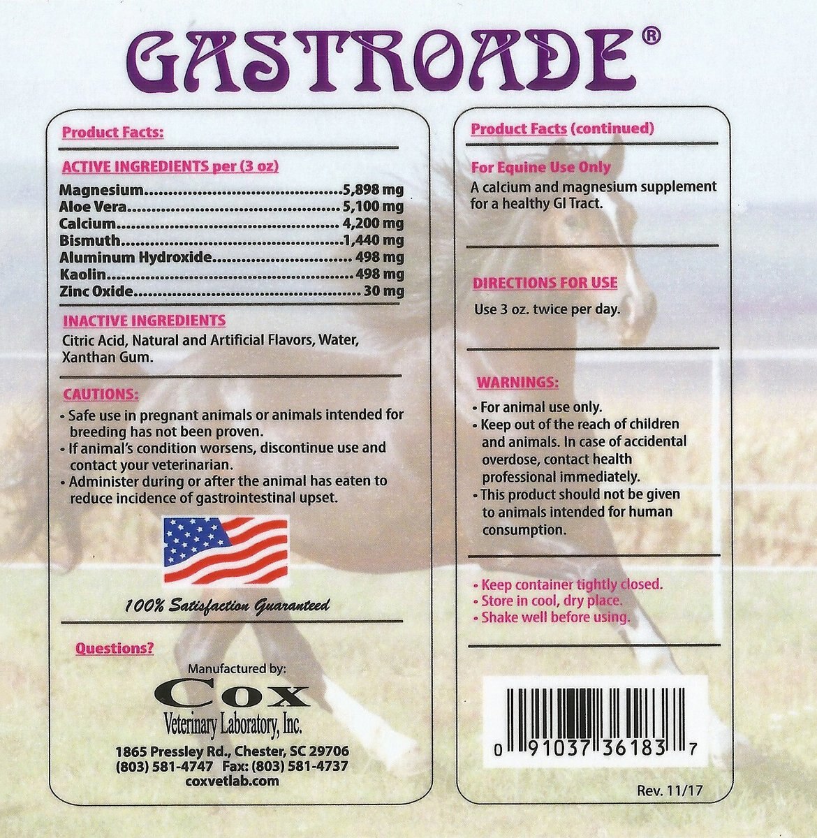 Cox Vet Lab Gastroade Liquid Horse Supplement， 1-gal bottle