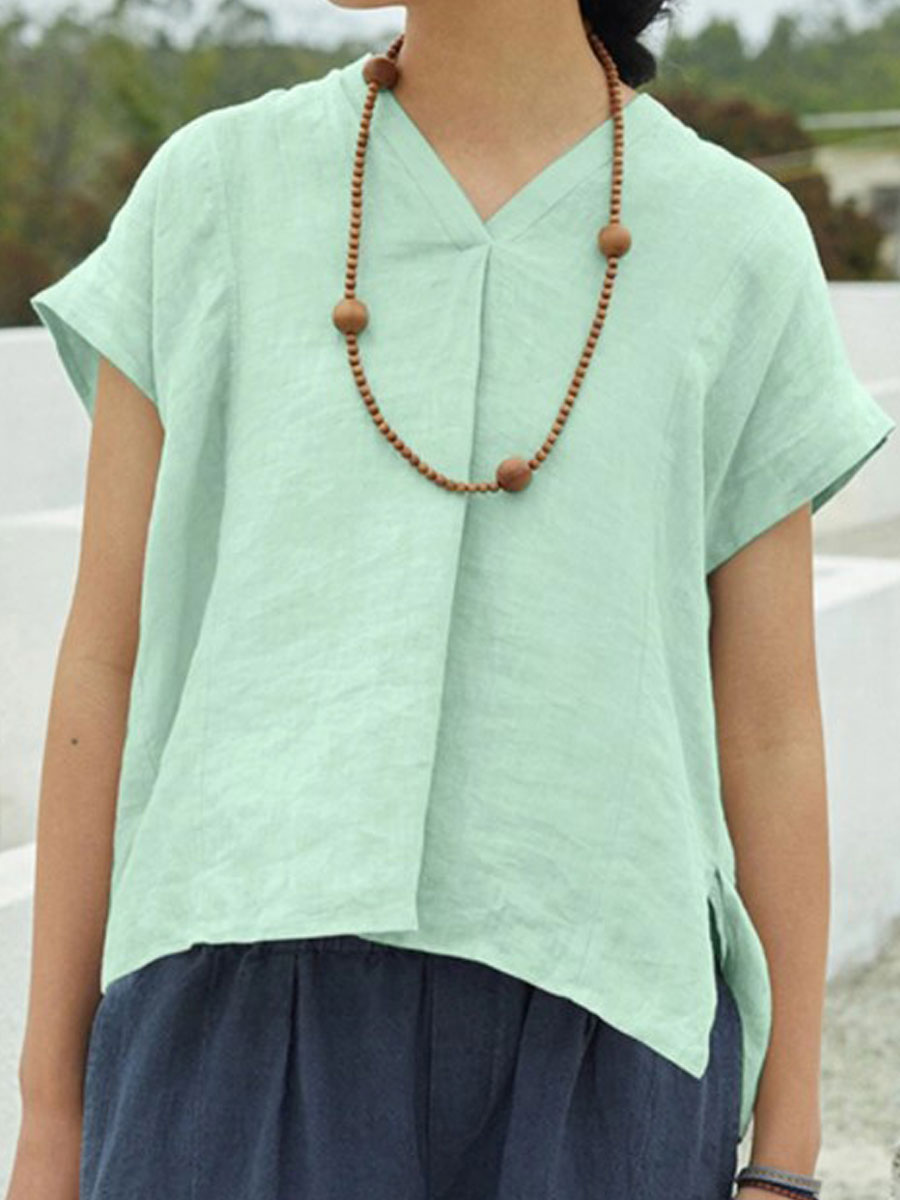 V-neck Casual Loose Solid Color Short-sleeved Blouse