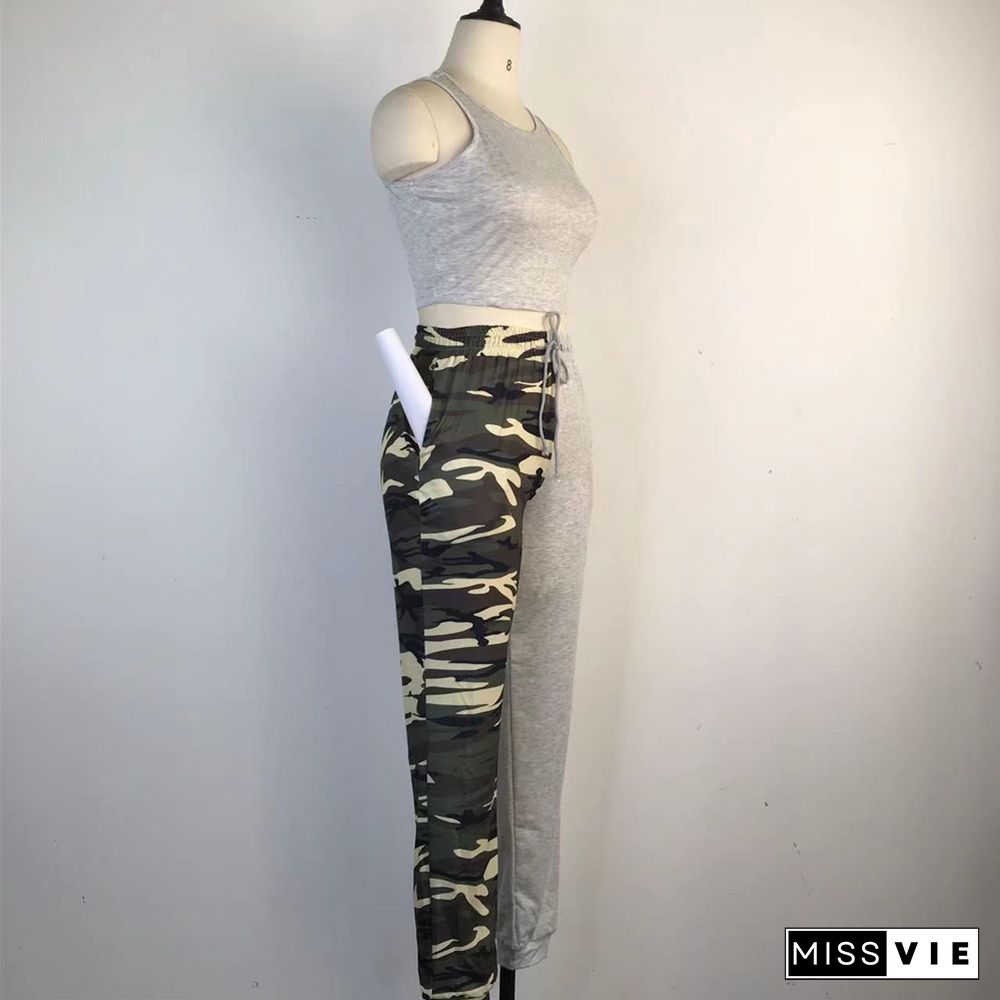 Crop Tank Top And Camouflage Print Pants Outfits