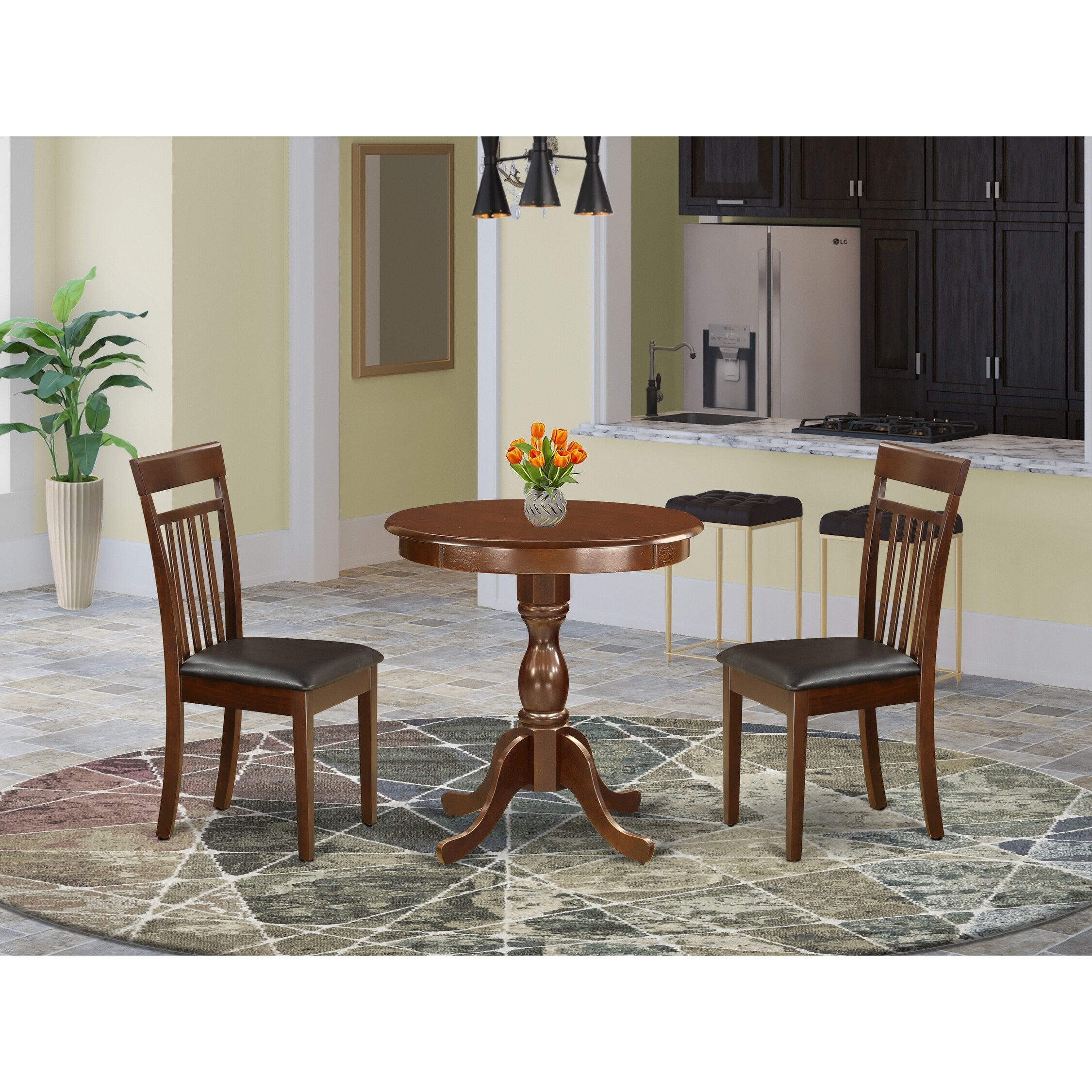 3-Pc Kitchen Dining Set - 1 Kitchen Dining Table and 2 Dining Room Chairs - Mahogany Finish (Seat's Type Options)