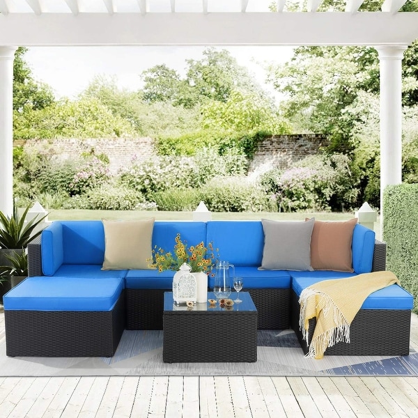 Bossin 7 Pieces Patio Furniture Sets，Outdoor Sectional Sofa，Rattan Wicker Couch with Washable Cushions and Glass Table