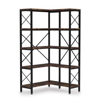 BYBLIGHT Eulas 65.74 in. BlackBrown Engineered Wood 5-Shelf Standard Corner Bookcase with Storage Display Rack for Living Room BB-JW0173XF