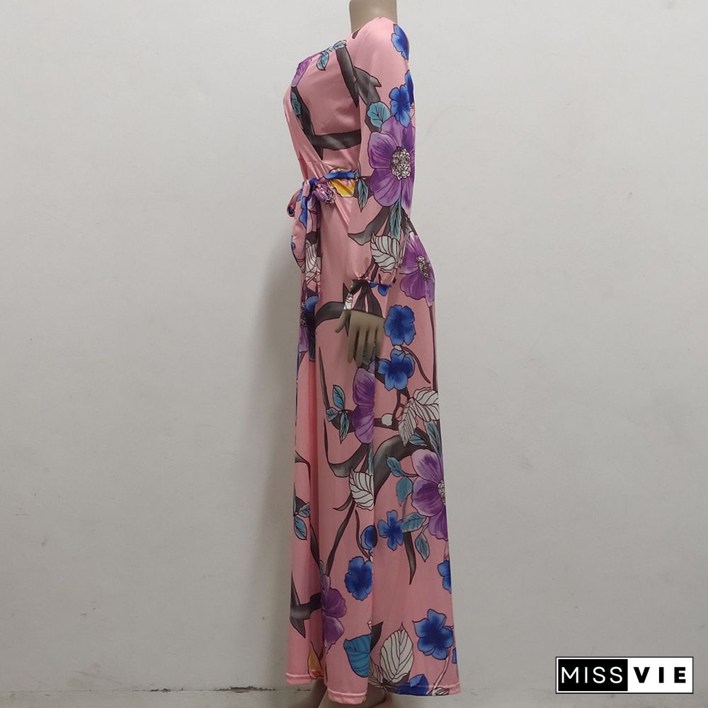 Elegant Summer Beach Floral Print Boho V-Neck Long Sleeve Sashes Women Big Hem Maxi Long Dresses