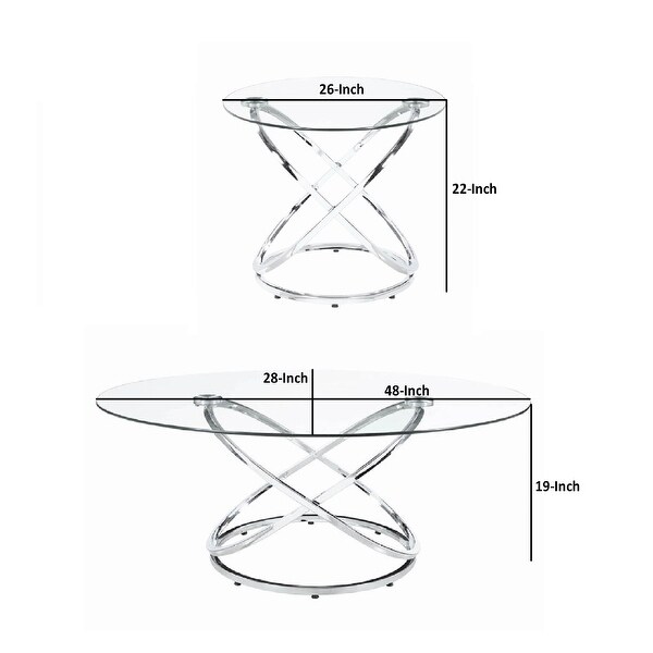 Modern 3 Piece Coffee Table Set with 2 End Tables， Glass Tabletop， Chrome