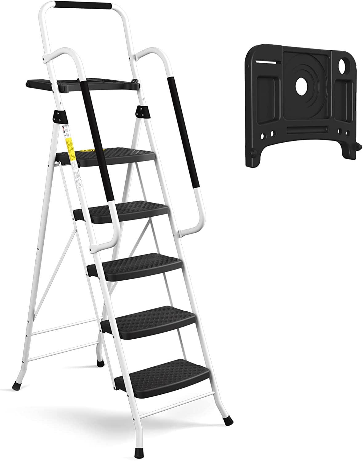 4 Step Ladder, HBTower Folding Step Stool with Tool Platform, Wide Anti-Slip Pedal, Sturdy Steel Ladder, Convenient Handgrip, Lightweight 330lbs Portable Steel Step Stool, Black