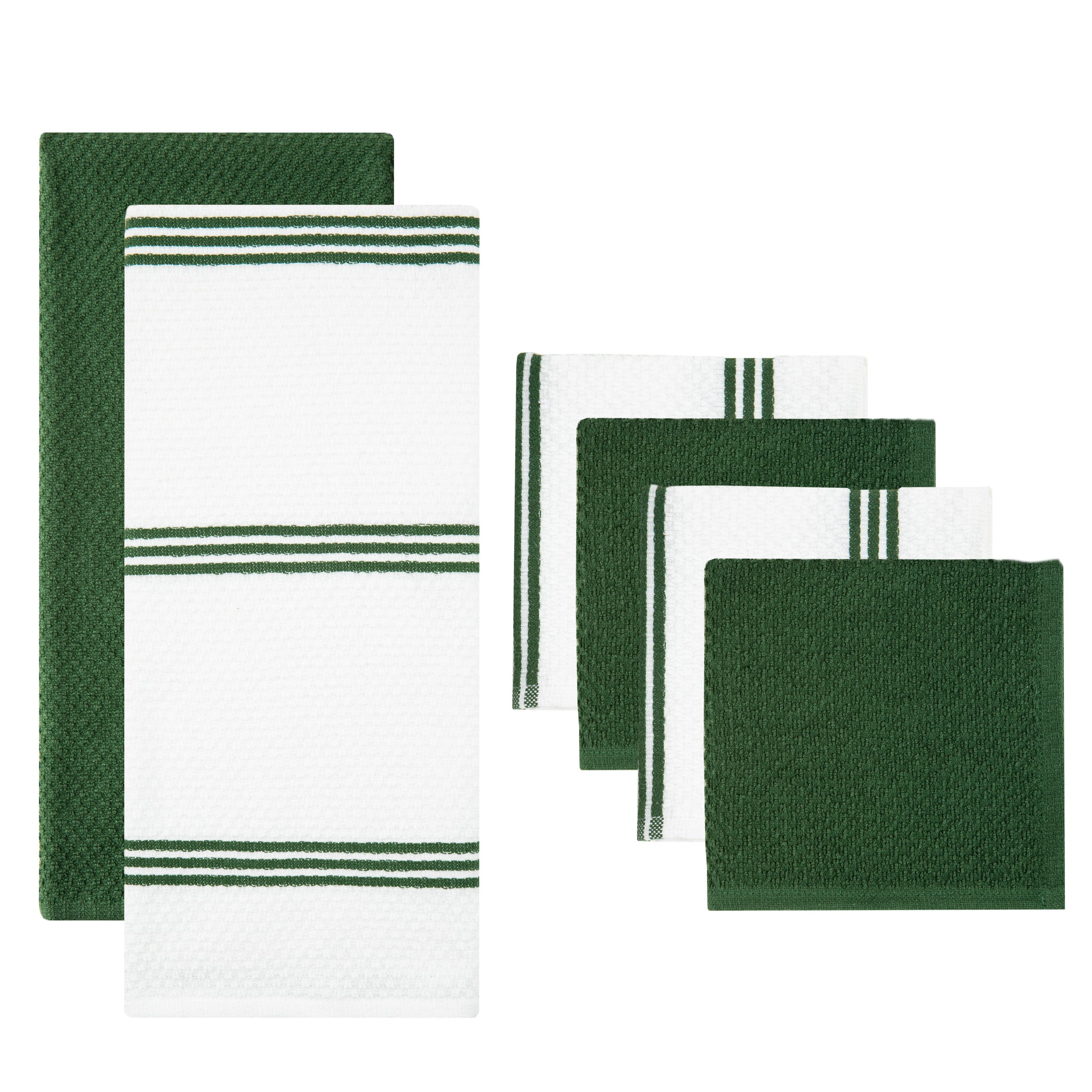 Sticky Toffee Cotton Terry Kitchen Towel and Dishcloth Set， Dark Green， 6 Pack