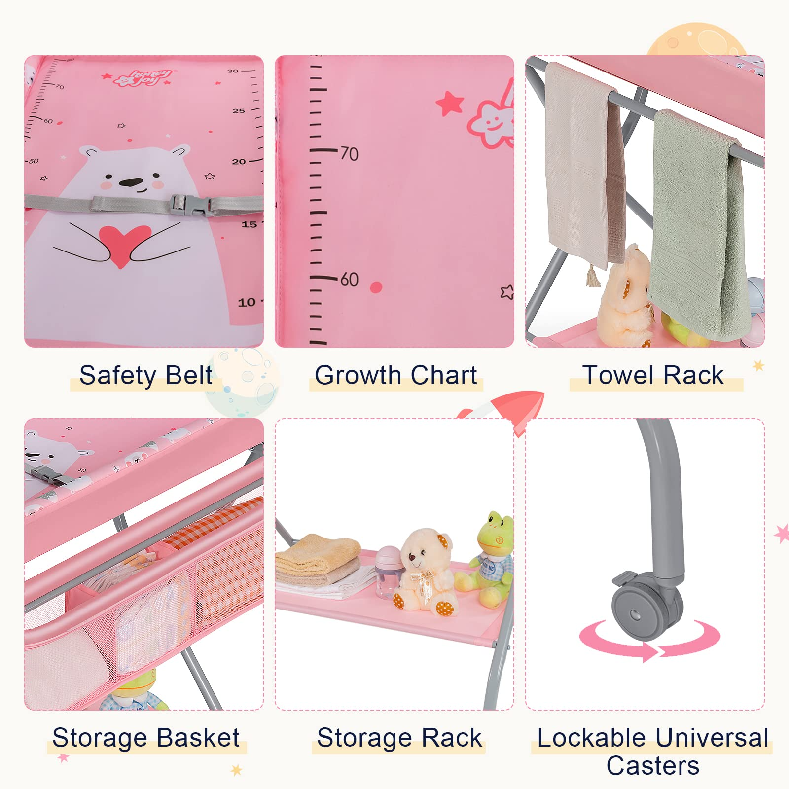 Costzon Portable Changing Table, Mobile Baby Changing Table with Wheels, Safety Belt, Large Storage Basket