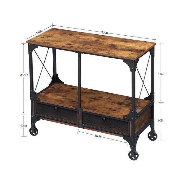 Industrial Console Table with Drawer and Storage Shelf， 4-Foot Wheels， Brown