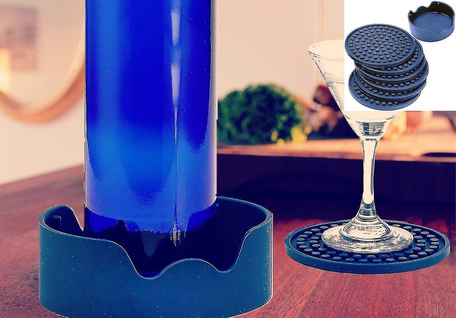 Drink Coasters Silicone Set Of 6 With Holder， Deep Navy - Good Grip， Large Size Deep Condensation Trap - Furniture Friendly Than Thirstystone