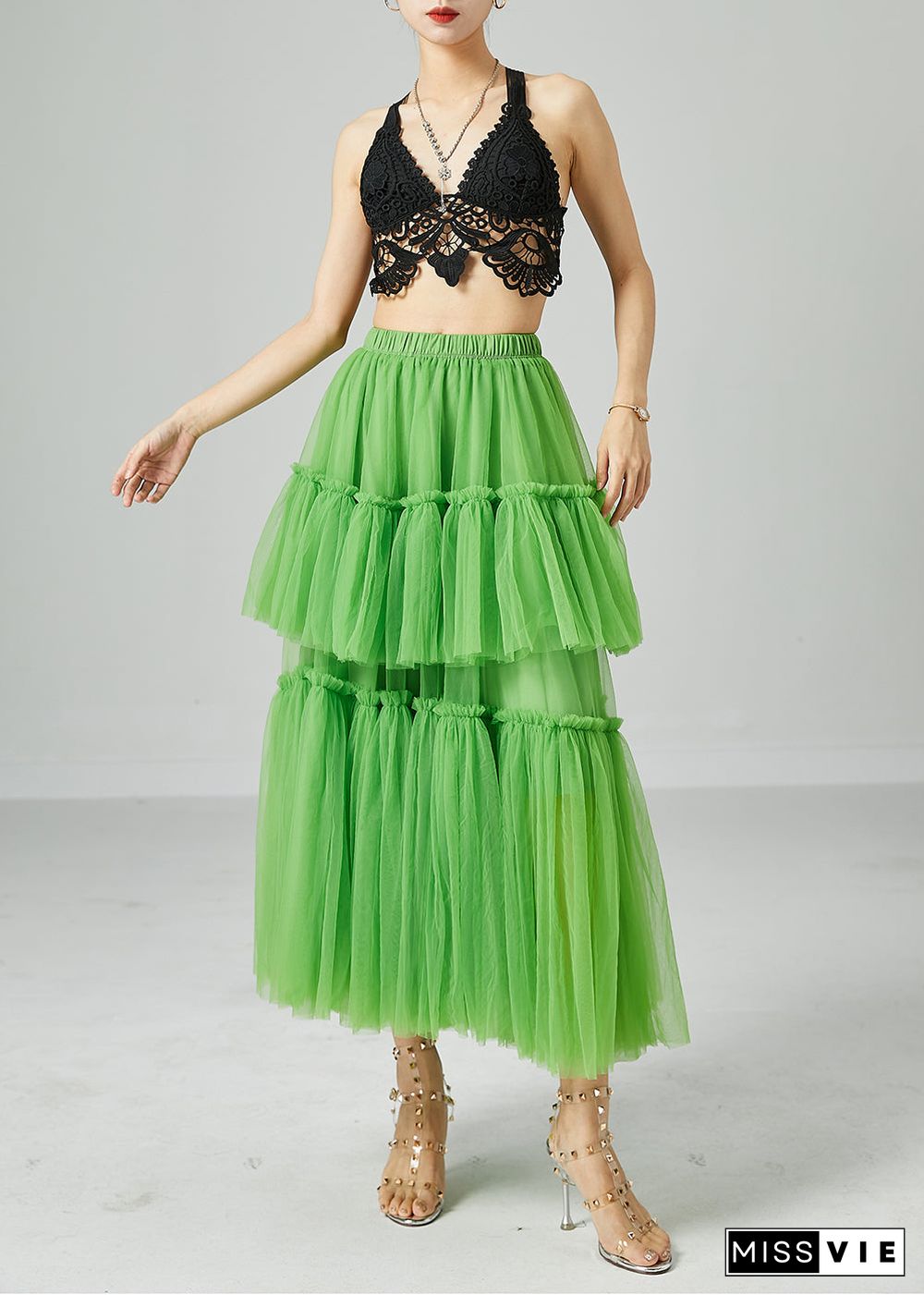 Boho Green Elastic Waist Patchwork Wrinkled Tulle Skirts Summer