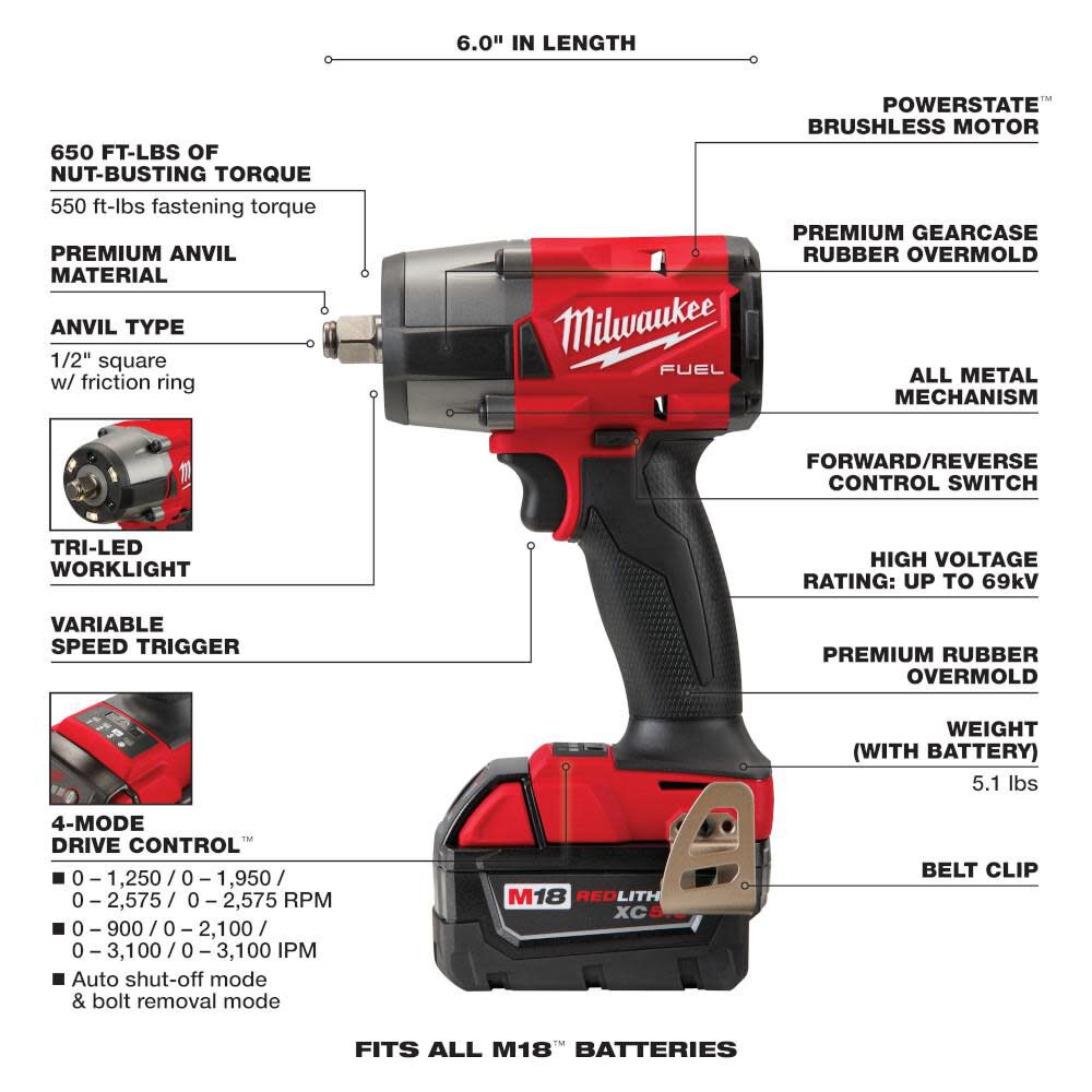 MW M18 FUEL 1/2 Mid-Torque Impact Wrench with Friction Ring Kit 2962-22 from MW