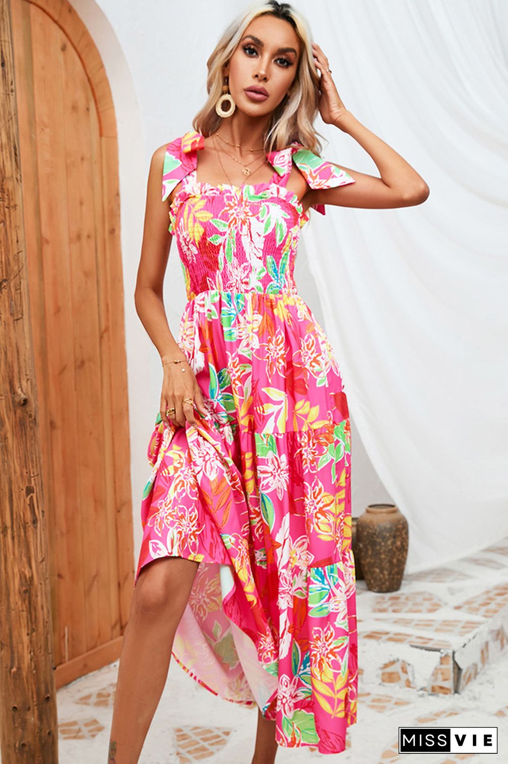 Smocked Tie Strap Tiered Floral Maxi Dress