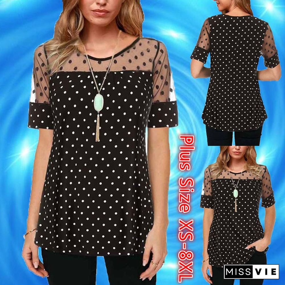 Women Polka Dot Mesh Patchwork Short Sleeve Blouse T Shirt Plus Size XS-8XL