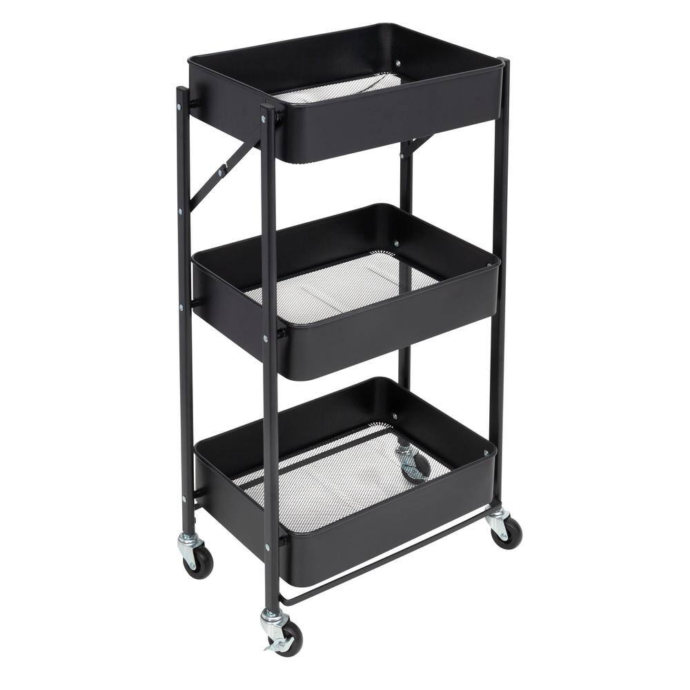 Honey-Can-Do 3-Tier Steel 4-Wheeled Folding Utility Cart in Black CRT-09584