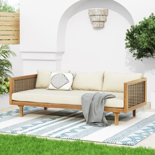 Aidan Farmhouse Outdoor 3 Seater Daybed with Fabiric Cushion by Christopher Knight Home