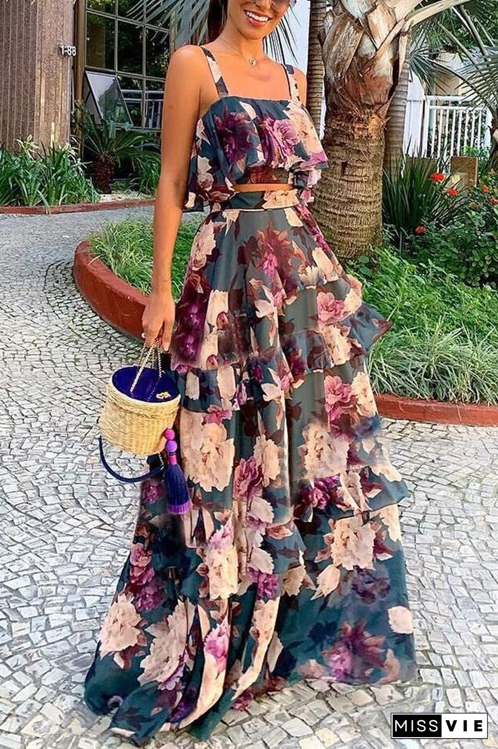 Elegant Floral Print Princess Cake Dress Suit