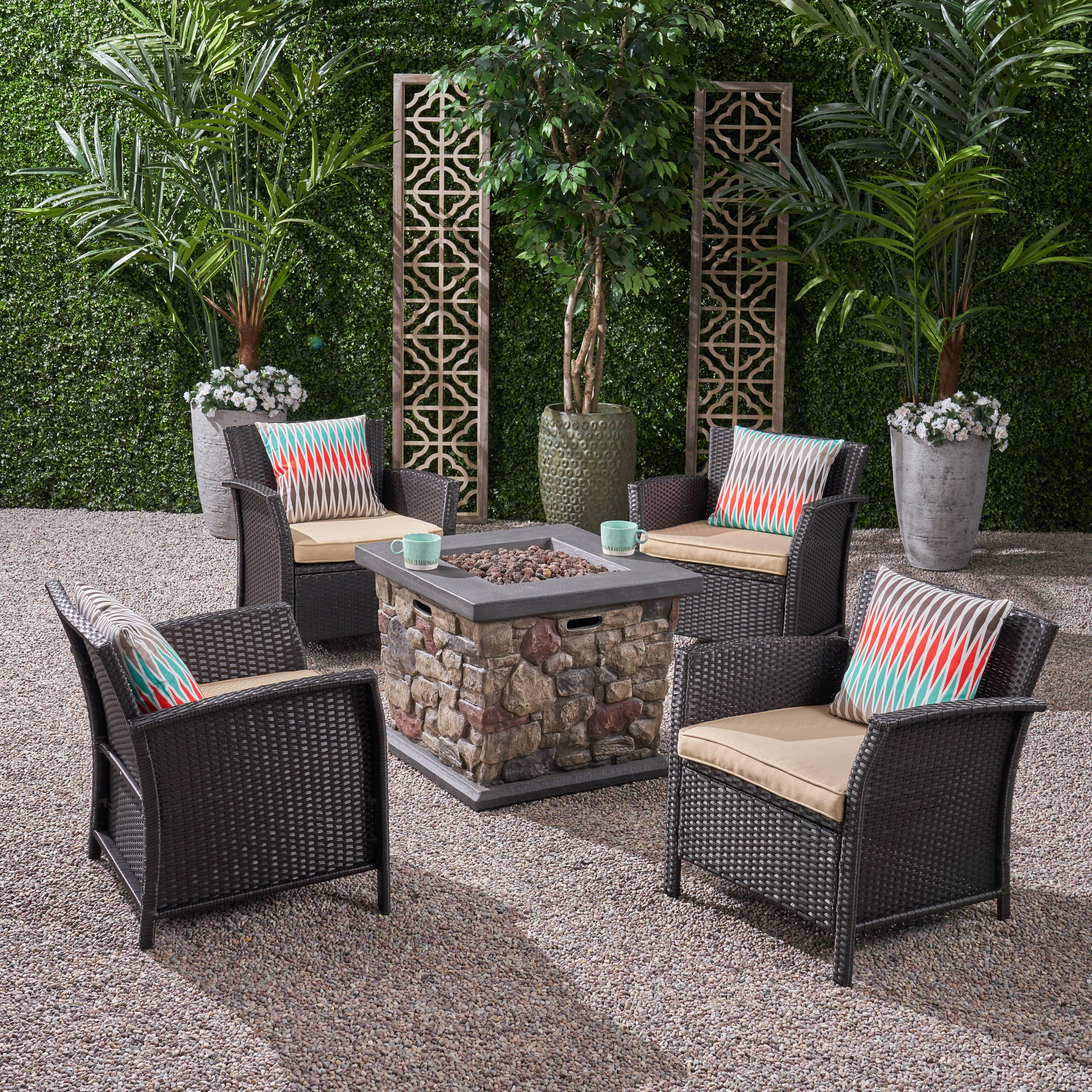 Laiah Outdoor 4 Piece Wicker Club Chair Chat Set with Stone Finished Fire Pit