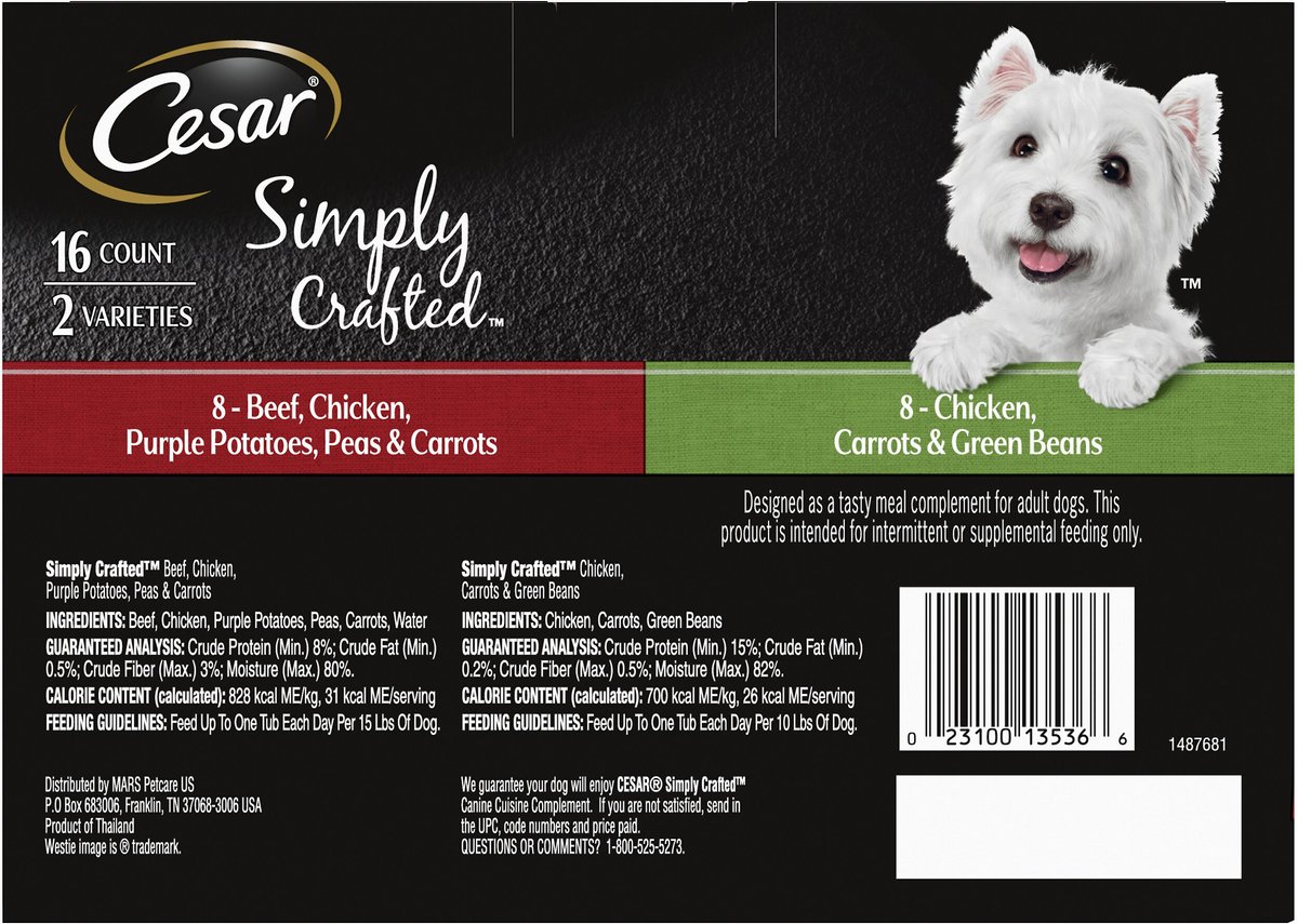 Cesar Simply Crafted Variety Pack Chicken， Carrots and Green Beans and Beef， Chicken， Purple Potatoes， Peas and Carrots Wet Dog Food Topper， 1.3-oz can， 16 count