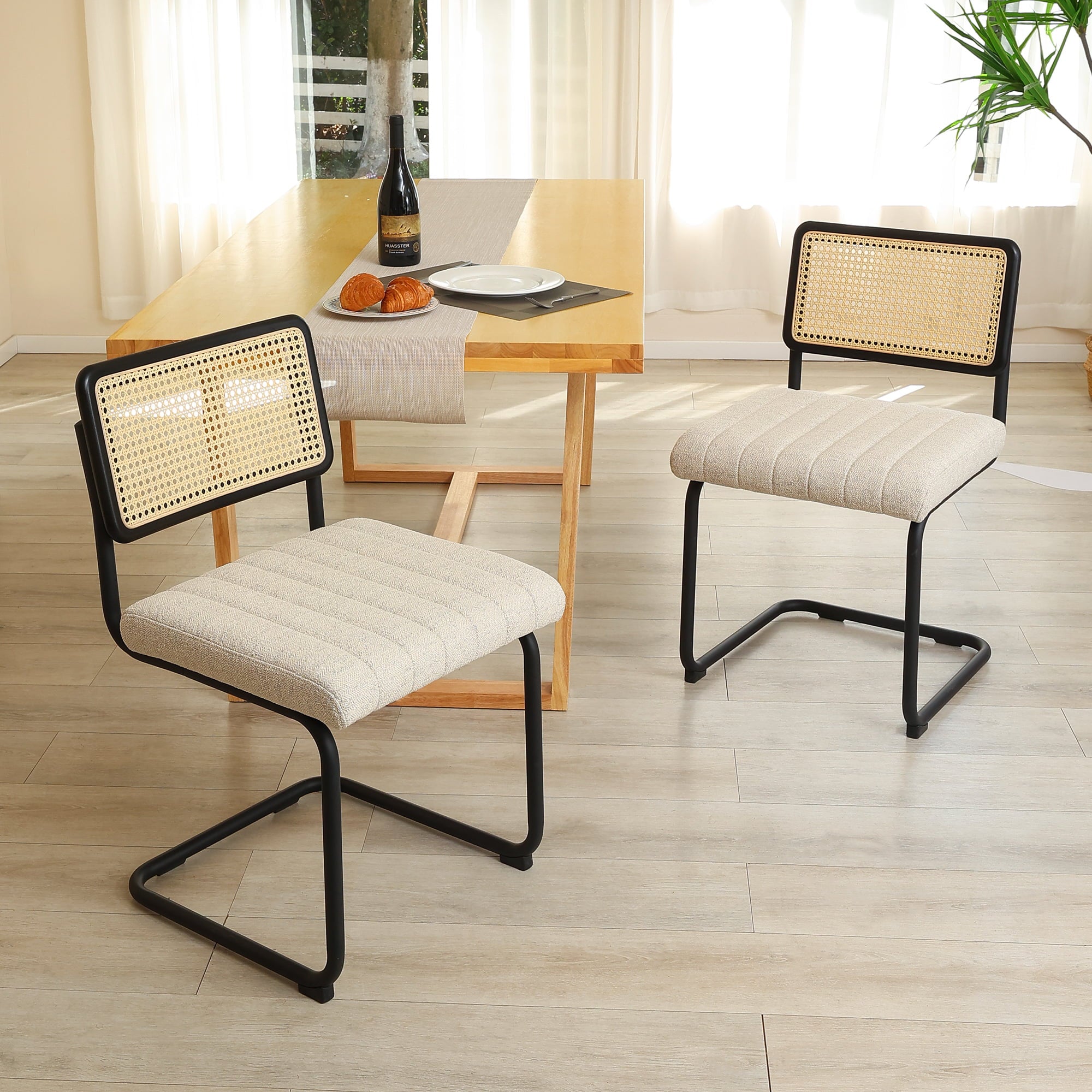 Zesthouse Beige Linen Dining Chairs Set of 2, Rattan Upholstered Kitchen Chairs with Cane Back and Black Metal Legs, Mid-Century Modern Side Chair for Living Room