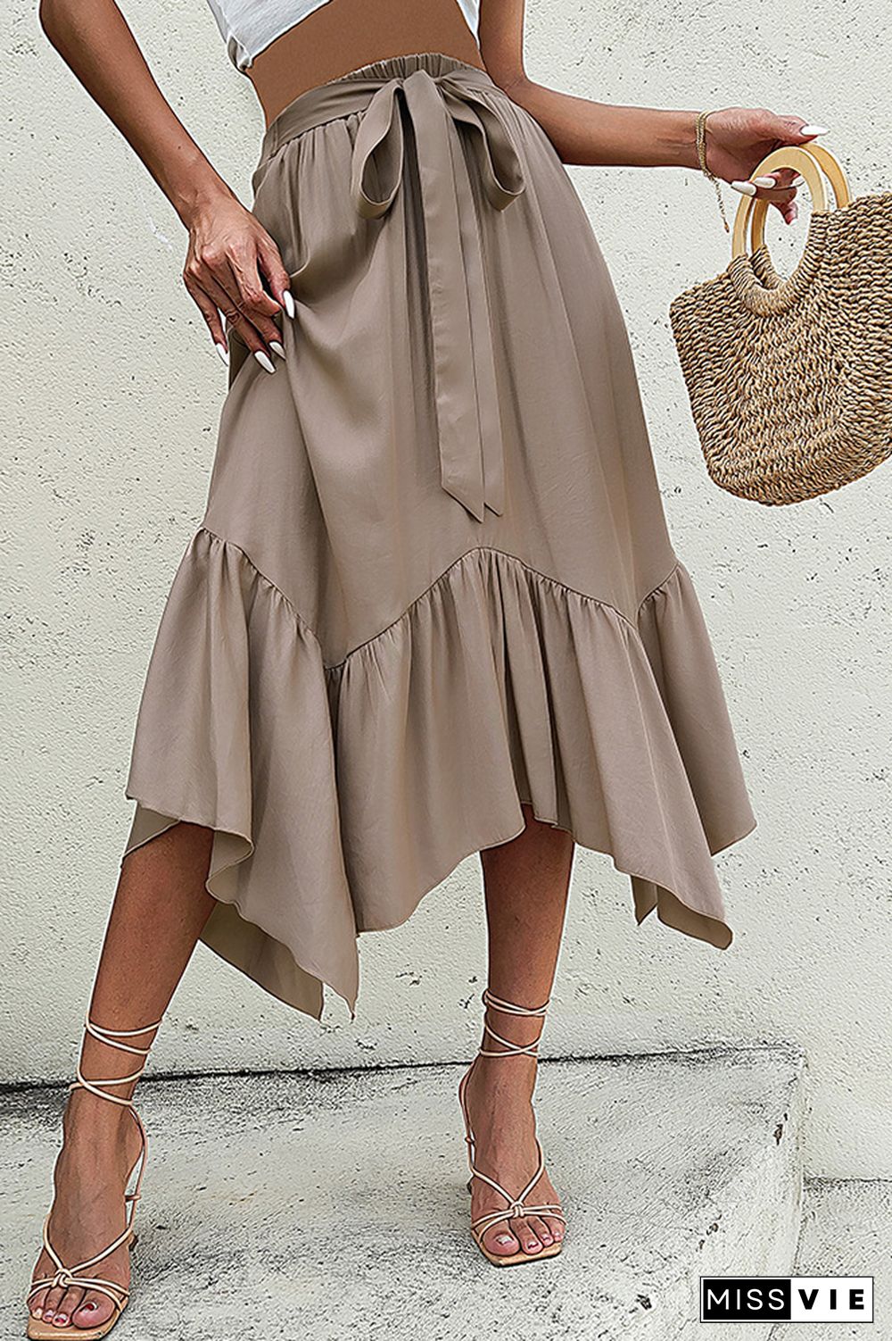 Khaki Irregular Length Ruffles Skirt