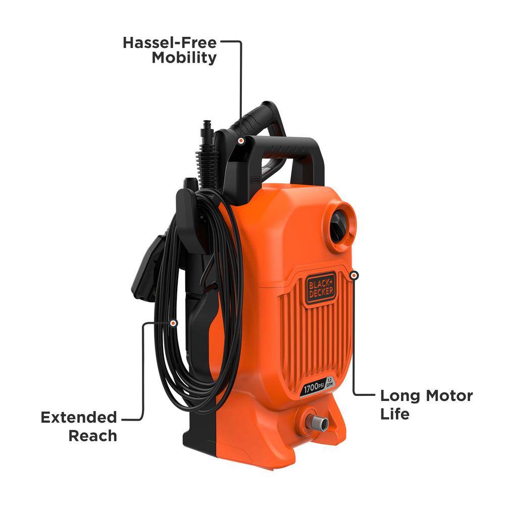 BLACK+DECKER 1700 PSI 1.2 GPM Cold Water Electric Pressure Washer with Integrated Wand and Hose Storage BEPW1700