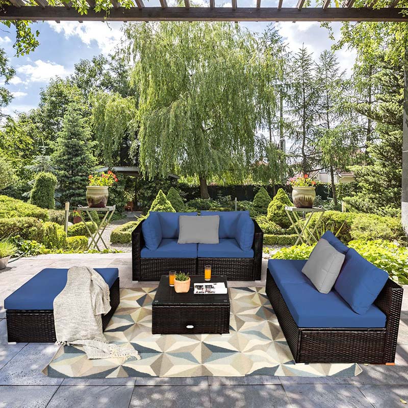 6 Pcs Outdoor Rattan Sectional Sofa Set with Coffee Table & Removable Seat & Back Cushions