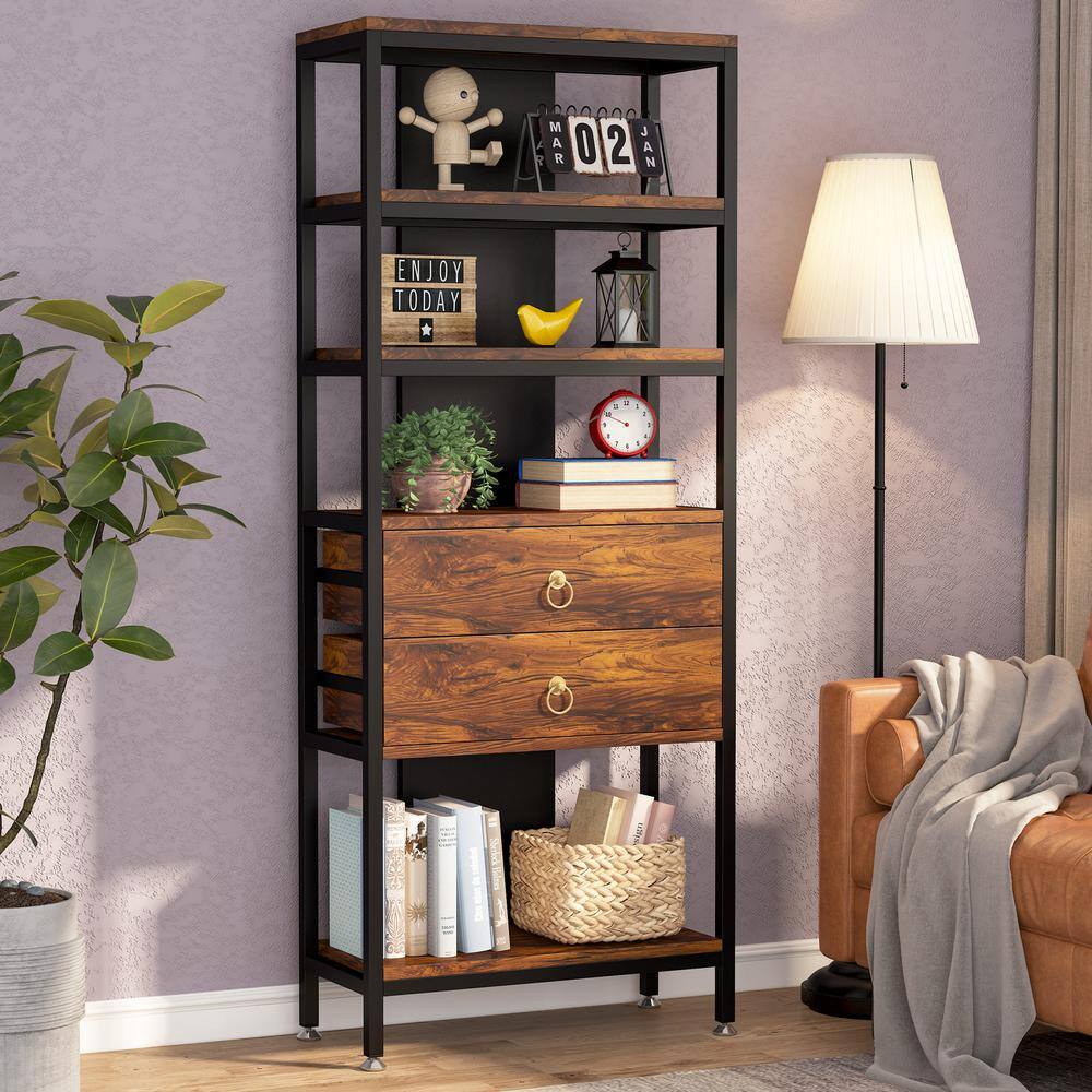 TRIBESIGNS WAY TO ORIGIN Kaduna 27.56 in. Wide Rustic Brown Wood 5-Shelf Free Standing Bookcase with Adjustable LED Light and 2-Drawers ZY-XK22098