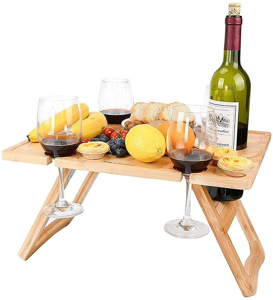 Foldable Outdoor Picnic Table Portable Bamboo Wine Picnic Table Snack Table， Date Idea Table， Wine Picnic Table with Bottle and Glass Holder， Lightweight Portable Picnic Table， Bed Breakfast Table