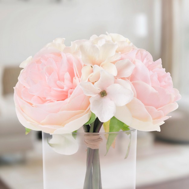 Rose And Hydrangea Floral Arrangement Pink And Cream Artificial Flowers In Decorative Clear Glass Round Vase With Faux Water By Pure Garden