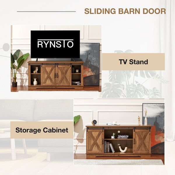 Modern Sliding Barn Door TV Stand with 5 Adjustable Shelves Brown