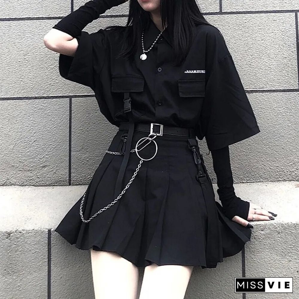 Vintage Loose Solid BF Gothic Two Piece Set Women Summer Casual Korean Button Shirt And Black Pleated A-line Mini Yk2 Skirt