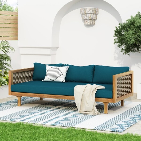 Aidan Farmhouse Outdoor 3 Seater Daybed with Fabiric Cushion by Christopher Knight Home