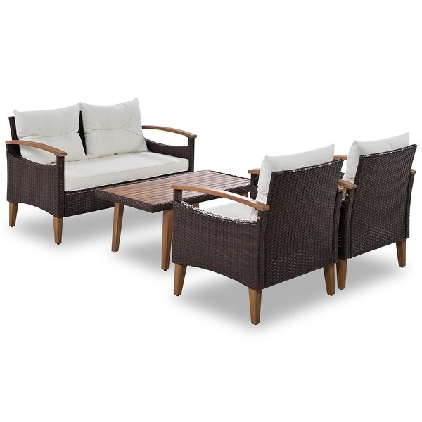 4-Piece PE Rattan Patio Sofa Set， Wood Table and Legs - Overstock - 37510667