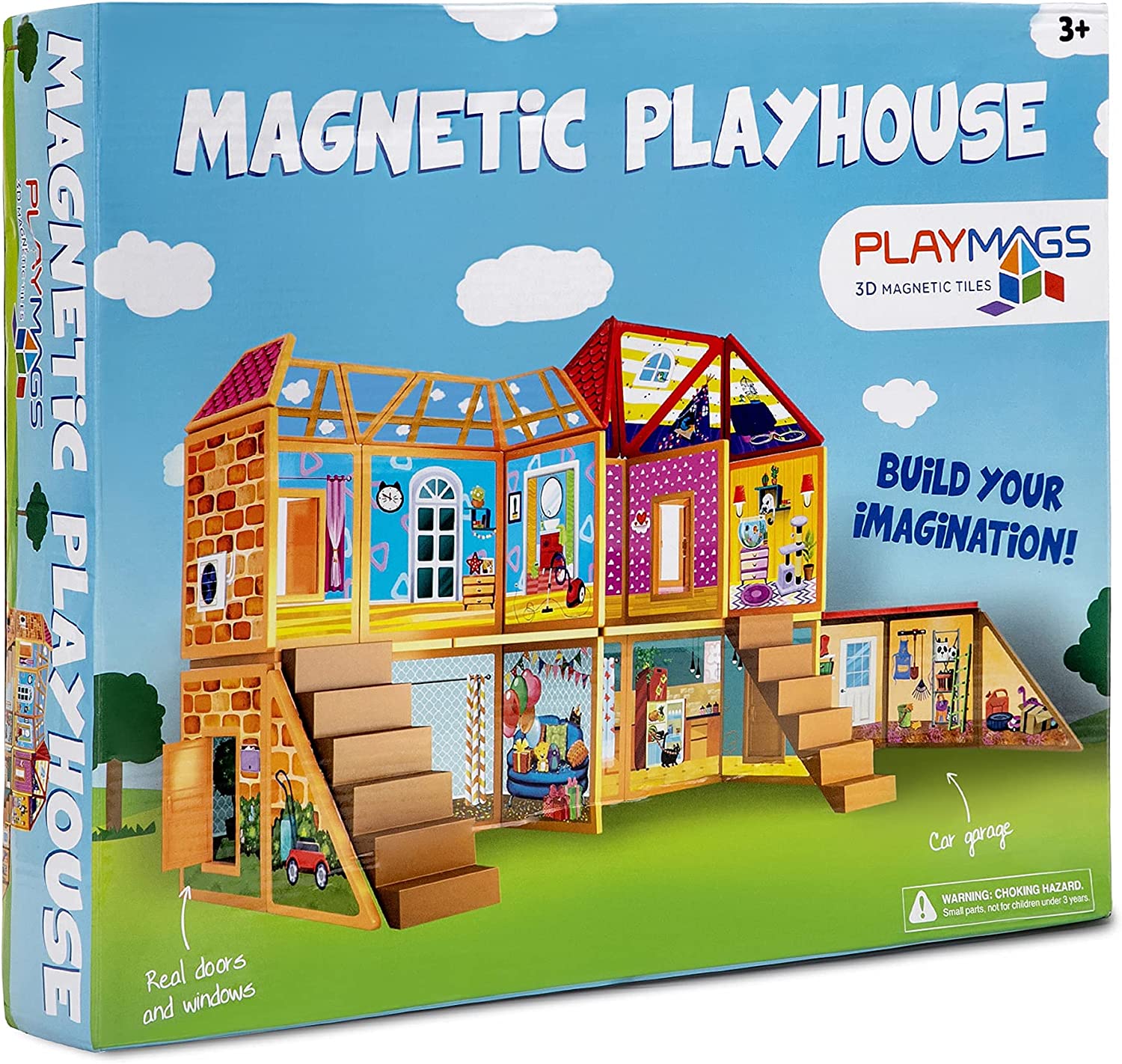 Playmags Magnetic Tiles Building Set， Dollhouse Pretend Play Toy， Creativity and Educational Magnet Blocks Stem Toys， Imaginative Birthday Gift for Kids Ages 3+