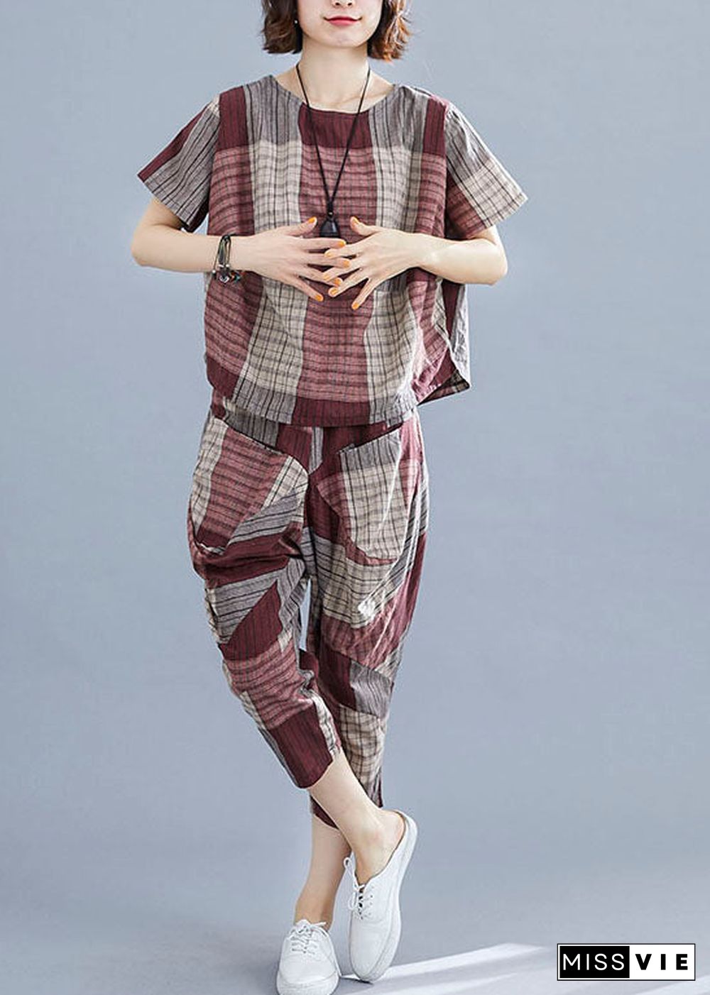 DIY Mulberry Plaid O-Neck Cotton Tops And Pants Two Pieces Summer