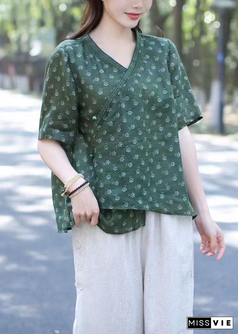 Women Green V Neck Print Patchwork Linen Blouses Summer