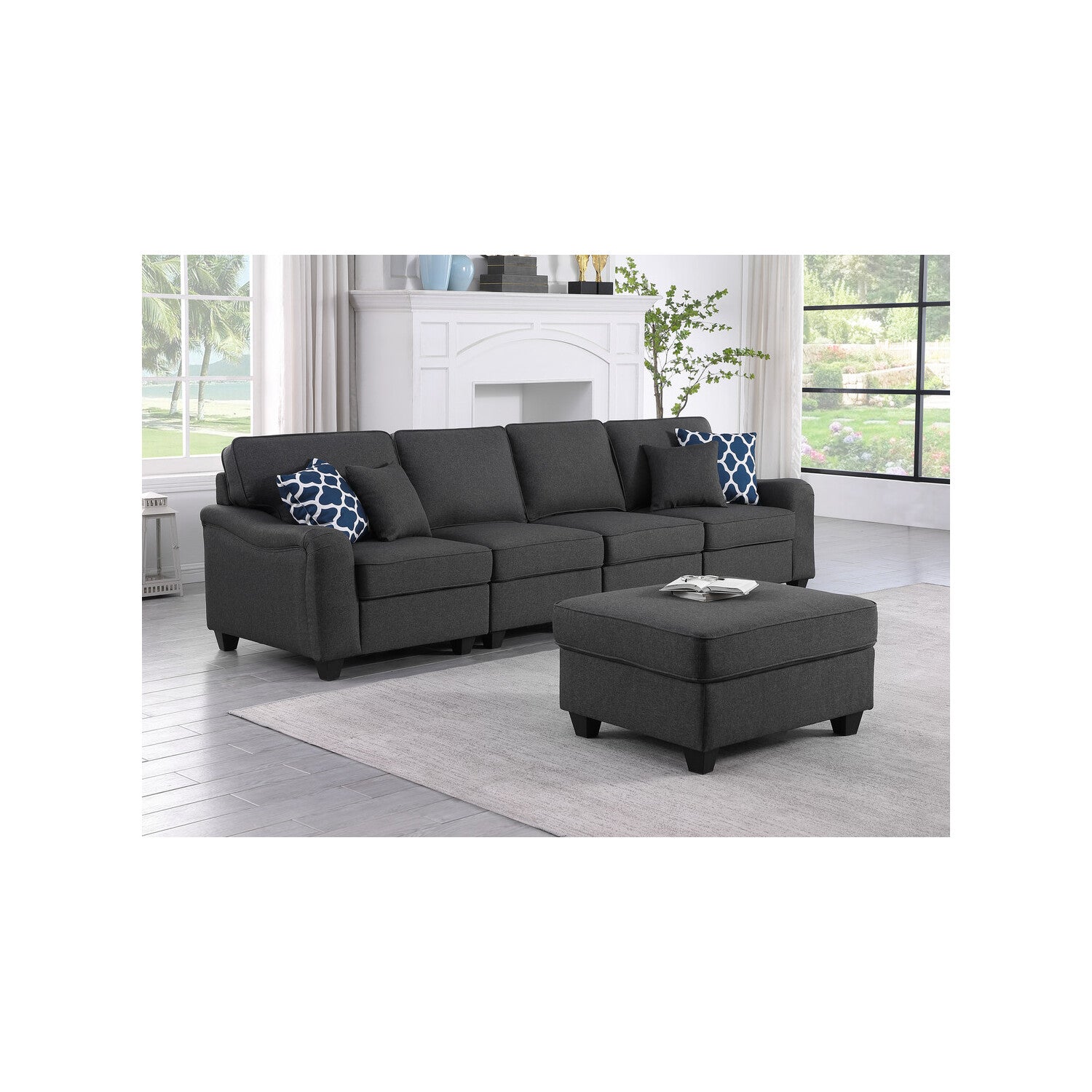 Lilola Home Leo Dark Gray Linen 5 Seater Sofa and Ottoman-Color:Dark Gray